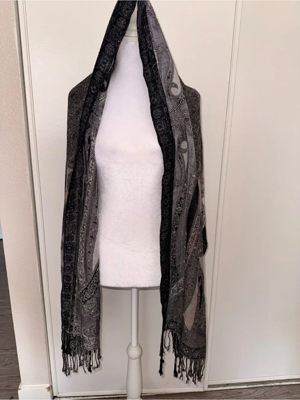 146. Black & gray paisley scarf with fringe #paisley #boho